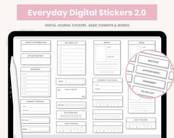 Etiquetas diárias do bloco de notas de Digitas | Rastreador de hábitos digitais | Adesivos digitais essenciais | Palavras, frases, adesivos digitais para iPad para Goodnotes