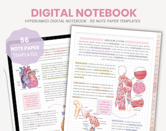 May include: A digital notebook with 56 note paper templates. The notebook features a pink and white color scheme and includes a diagram of the human heart and a diagram of the muscular system. The text "MUSCULAR SYSTEM" is visible in the image.