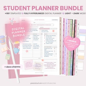 Peut inclure: Un ensemble de planificateur numérique étudiant rose avec le texte "STUDENT PLANNER BUNDLE" et "DIGITAL PLANNER BUNDLE". Comprend +160 modèles, des fonctionnalités entièrement hyperliées et des options de mode clair et sombre. Des autocollants, des couvertures et des charmes décoratifs sont inclus.