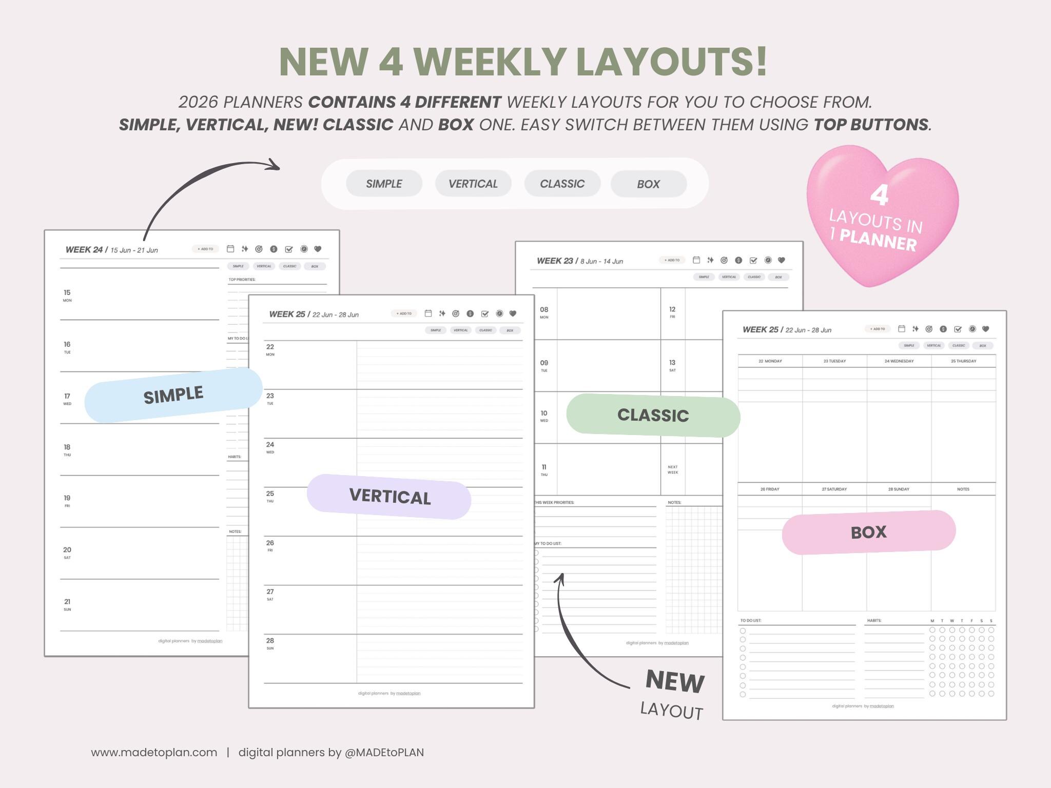 2026 Digital Planner | Portrait Weekly Planner | Dated Monthly Weekly ...