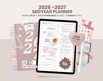 2026 2027 Mid Year Digital Planner, Portrait Dated Daily, Weekly, Monthly Digital Planner, iPad and Goodnotes Planner Journal MADEtoPLAN