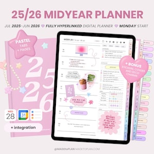2025-2026 Portrait Mid Year Digital Planner | Hyperlinked Dated Monthly Weekly Daily Pages | Everyday Stickers iPad Goodnotes MADEtoPLAN