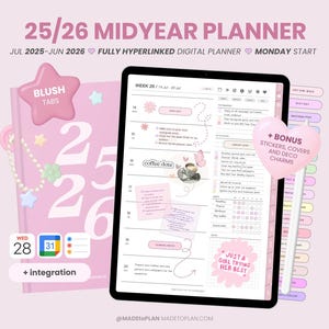 2025-2026 Portrait Mid Year Digital Planner | Hyperlinked Dated Monthly Weekly Daily Pages | Everyday Stickers iPad Goodnotes MADEtoPLAN