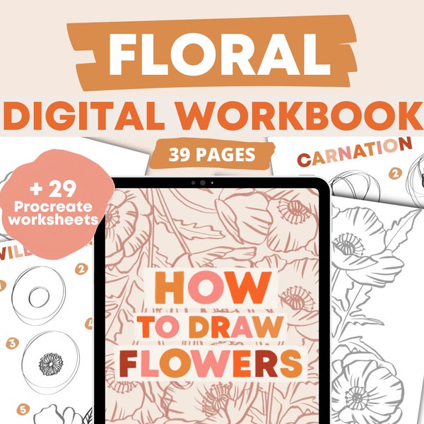 How To Draw Flowers Procreate Workbook | Floral Digital Step-By-Step Drawing Guide eBook - Drawing Practice Worksheets - Learn How To Draw