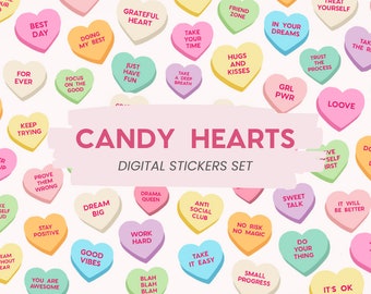 Candy Hearts Digital Stickers | Conversation Hearts PNG | Cute Pastel Digital Stickers | Goodnotes Stickers for Digital Planner MADEtoPLAN