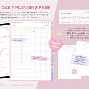 May include: A digital daily planning page layout featuring a 5AM-11PM schedule, priority planning, mood tracker, water tracker, and a large notes area. The interface includes tabs, a stylus, and text overlays like NEW DAILY PLANNING PAGE.