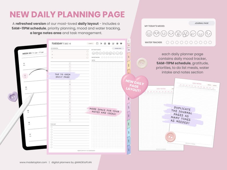 May include: A digital daily planning page layout featuring a 5AM-11PM schedule, priority planning, mood tracker, water tracker, and a large notes area. The interface includes tabs, a stylus, and text overlays like NEW DAILY PLANNING PAGE.