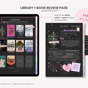 May include: A digital planner page with a black background and a bookshelf with book covers. The page also includes a book review section with a book cover, title, author, and a five-star rating. The text "144 BOOKS" is in the top right corner of the page.