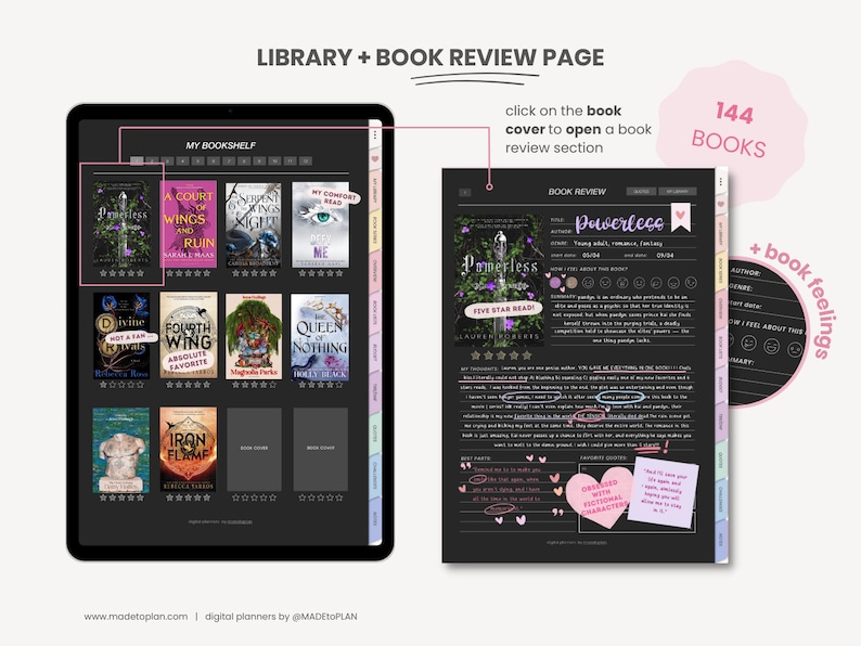 May include: A digital planner page with a black background and a bookshelf with book covers. The page also includes a book review section with a book cover, title, author, and a five-star rating. The text "144 BOOKS" is in the top right corner of the page.