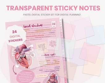 May include: A set of 24 pastel digital sticky notes for digital planning. The notes are transparent and come in a variety of pastel colors. The notes are perfect for adding notes, reminders, and other information to your digital planner.