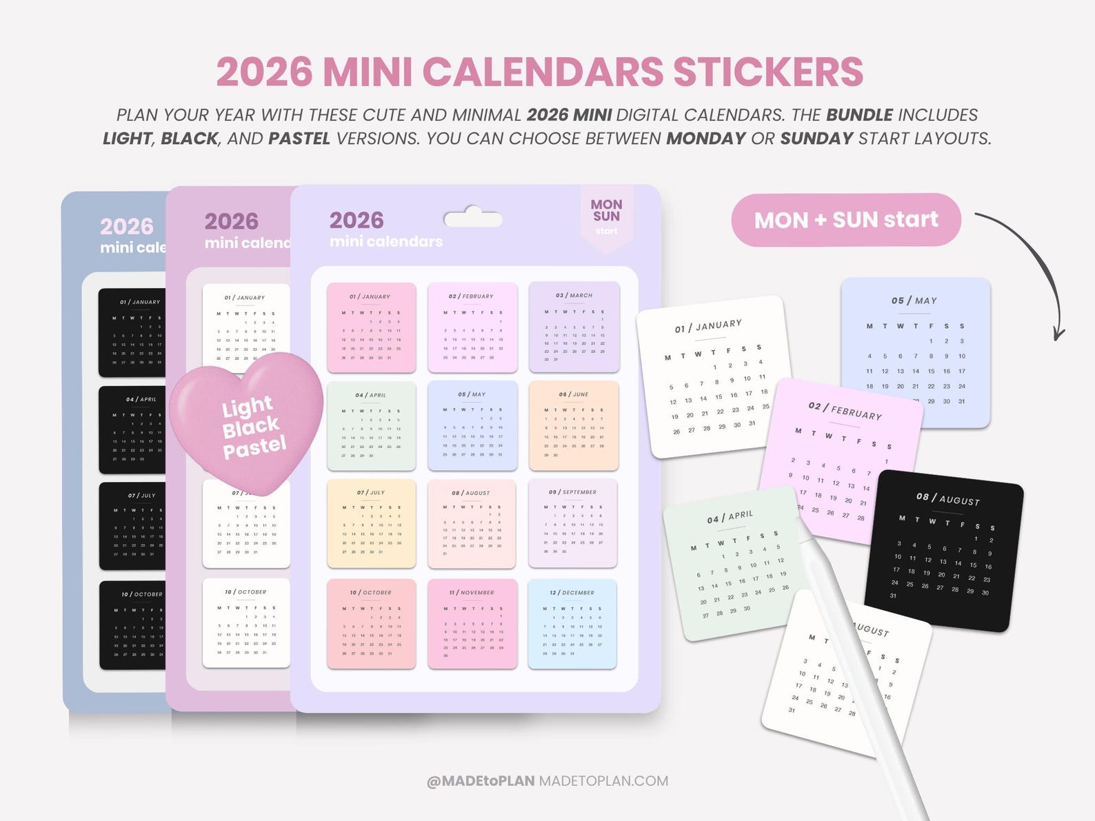 2026 Mini Calendar Digital Stickers Bundle, 2026 Monthly Calendar ...