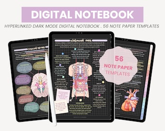 May include: A digital notebook with 56 note paper templates. The notebook has a dark mode interface and includes hyperlinks. The image shows three pages of the notebook, each with a different anatomical illustration: cranial nerves, abdominal area, and the heart.