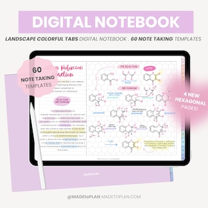 Puede incluir: Un cuaderno digital con pestañas de colores y 60 plantillas para tomar notas. El cuaderno presenta un diseño de cuadrícula hexagonal e incluye una página con un diagrama de reacción química. El texto en la página dice "Reacción de Robinson".