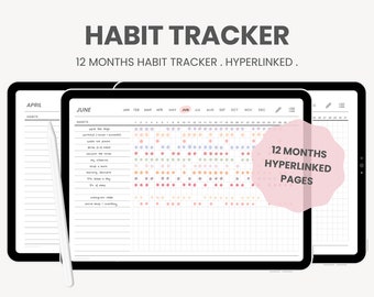 May include: A digital planner app on a tablet screen with a habit tracker for 12 months. The app has a grid layout with colored dots to track habits. The text "12 Months Hyperlinked Pages" is displayed on the screen.