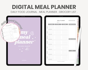 May include: A digital meal planner on a tablet screen. The planner includes a daily food journal, meal planner, and grocery list. The screen is purple with a pink and white design.