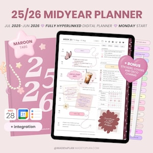 2025-2026 Portrait Mid Year Digital Planner | Hyperlinked Dated Monthly Weekly Daily Pages | Everyday Stickers iPad Goodnotes MADEtoPLAN