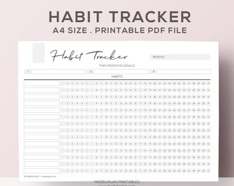 Peut inclure: Un suivi d'habitudes imprimable en noir et blanc avec un titre qui dit "Habit Tracker" et un sous-titre qui dit "A4 Size Printable PDF File". Le suivi comporte une section pour "This Month's Goals" et une section pour "Habits". La section "Habits" a une grille de 30 jours avec des cercles pour chaque jour. Le suivi est conçu pour aider les gens à suivre leurs progrès sur leurs objectifs.