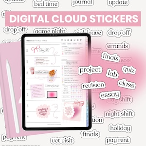 May include: Digital planner stickers with pink and white cloud shapes. The stickers have various phrases like "day off", "coffee date", "finals", "project", "lab", "quiz", "class", "essay", "night shift", "holiday", "pay rent", "vet visit", and "drop off".