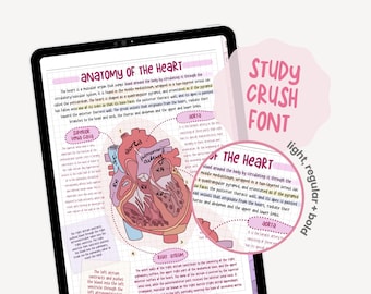 May include: A digital tablet displays a colorful anatomy of the heart diagram with labels. The text "ANATOMY OF THE HEART" is at the top. A pink bubble with the text "STUDY CRUSH FONT" is in the upper right corner.