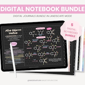 May include: A digital notebook bundle with five different notebooks. The notebooks are in landscape mode and have a black background with colorful accents. The notebooks are designed for note-taking and journaling. The image shows a digital tablet with a stylus, and the text "Allan Robinson reaction" is visible on the screen.