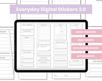 Etiquetas diárias do bloco de notas de Digitas | Rastreador de hábitos digitais | Adesivos digitais essenciais | Palavras, frases, adesivos digitais para iPad para Goodnotes