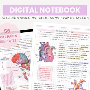 May include: A digital notebook with 56 note paper templates. The notebook features a pink and purple colour scheme and includes illustrations of the human brain and heart. The text on the page reads "Cardiovascular System" and explains the function of the heart and blood vessels.