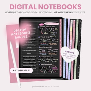 Puede incluir: Un paquete de cuadernos digitales con 63 plantillas para tomar notas. La imagen muestra la pantalla de una tableta que muestra un cuaderno en modo oscuro con notas escritas a mano y un conjunto de divisores coloridos. El texto "DIGITAL NOTEBOOKS BUNDLE" y "63 TEMPLATES!" es visible en la pantalla. El texto "+ BONUS PASTEL STICKERS AND SHORTCUT ICONS" también es visible.