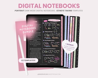 Può includere: Un pacchetto di quaderni digitali con 63 modelli per prendere appunti. L'immagine mostra lo schermo di un tablet che mostra un quaderno in modalità oscura con appunti scritti a mano e un set di divisori colorati. Il testo "DIGITAL NOTEBOOKS BUNDLE" e "63 TEMPLATES!" è visibile sullo schermo. Il testo "+ BONUS PASTEL STICKERS AND SHORTCUT ICONS" è anche visibile.