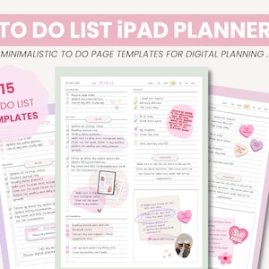 May include: A digital planner template for iPad with 15 to-do list templates. The templates are minimalist and feature pink and purple accents. The text "TO DO LIST IPAD PLANNER" is at the top of the image. The text "MINIMALISTIC TO DO PAGE TEMPLATES FOR DIGITAL PLANNING." is below the title. The text "15 TO DO LIST TEMPLATES" is in the lower left corner of the image. The text "TODO LIST" is at the top of the page. The text "01/19/23" is in the upper right corner of the page. The text "1/25" is in the lower right corner of the page. The text "WHERE IS BEARD WHEN YOU NEED IT THE MOST? WHEN YOU ARE TRYING TO APPLY EYELINER AND IT ALWAYS ENDS UP ALL OVER THE PLACE!" is in a speech bubble in the upper right corner of the page. The text "Self care" is in a heart-shaped speech bubble in the lower right corner of the page.