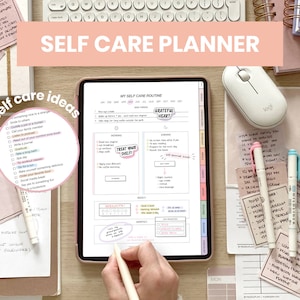 May include: A digital tablet displaying a self-care planner with a pink and white color scheme. The planner includes sections for a daily routine, a gratitude journal, and a "treat yourself" section. The tablet is on a wooden table with other stationery items, including pens, highlighters, and sticky notes.