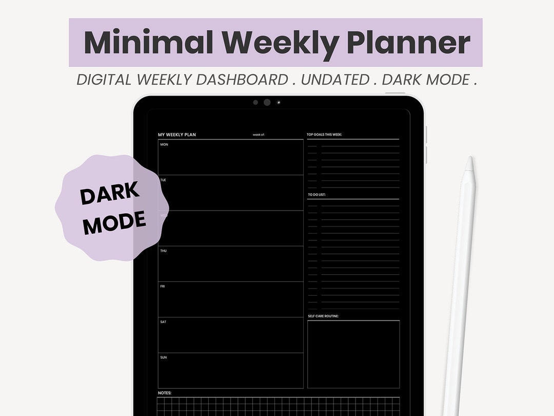 Digital Weekly Planner Dashboard | Undated Weekly Planner | Dark Mode ...