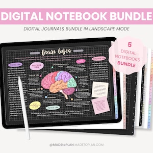 May include: A digital notebook bundle with five different notebooks. The notebooks are in landscape mode and feature a black background with a grid pattern. One notebook has a colourful illustration of the brain with labels for each lobe. The text "brain lobes" is written at the top of the notebook. The text "5 DIGITAL NOTEBOOKS BUNDLE" is written in a pink circle on the right side of the image.