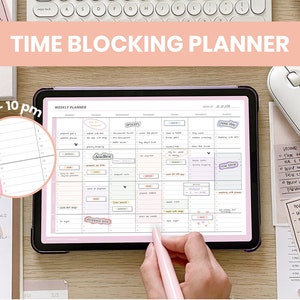May include: A weekly planner on a tablet screen with a pink, white and grey colour scheme. The planner is divided into days of the week and has time slots from 5 am to 10 pm. The planner has colourful stickers with text like "rest day", "me time", "deadline", and "shopping day".