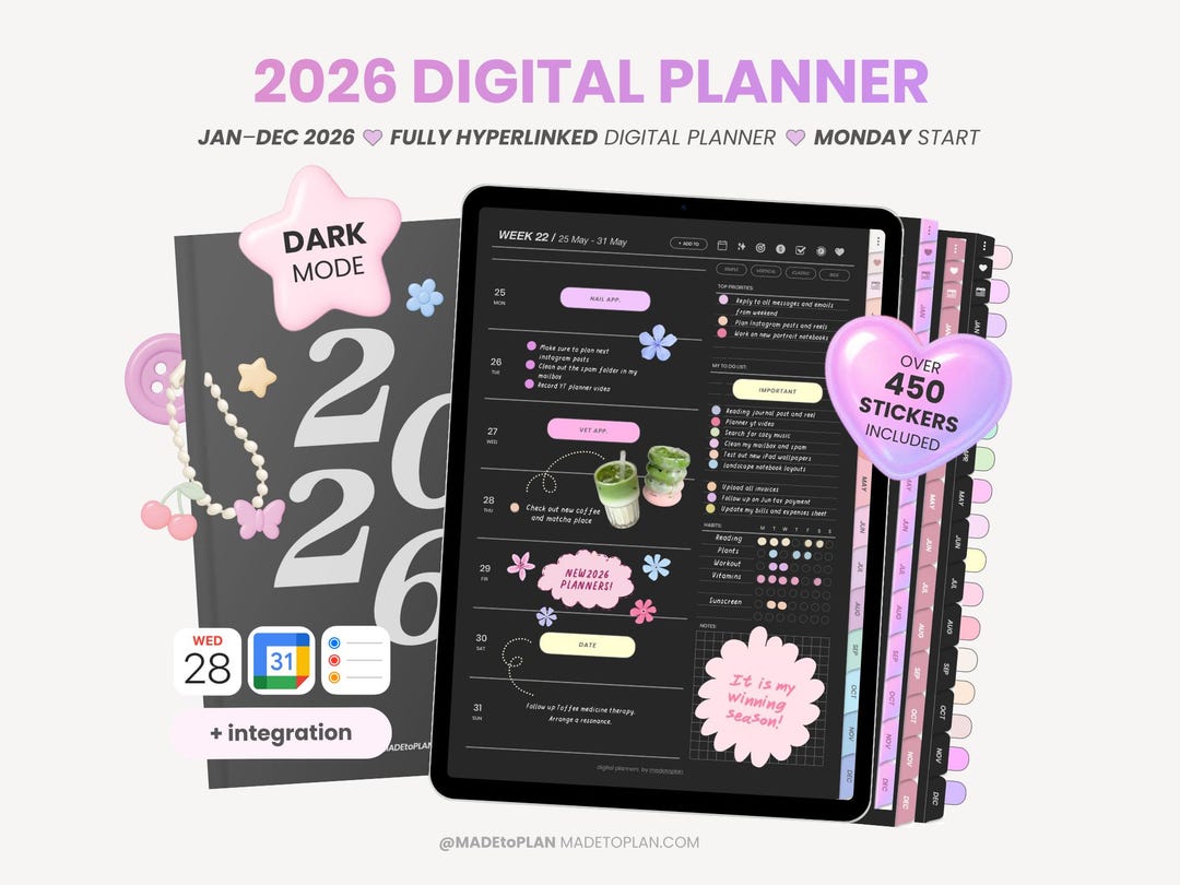 2026 Dark Mode Digital Planner| Hyperlinked Portrait Dated Monthly ...