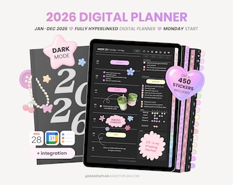 2026 Dark Mode Digital Planner| Hyperlinked Portrait Dated Monthly Weekly Daily Planner | Everyday Stickers | iPad Goodnotes MADEtoPLAN