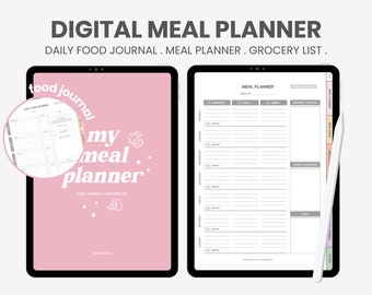 May include: A digital meal planner on a tablet with a pink background. The planner includes a daily food journal, meal planner, and grocery list. The text "food journal" and "my meal planner" is visible on the tablet.