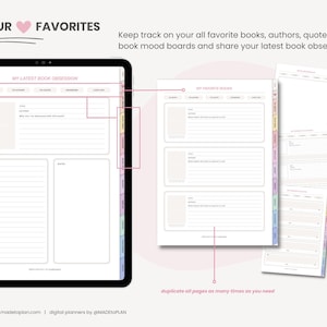 Pode incluir: Um modelo de planejador digital para acompanhar os livros, autores, cita&ccedil;&otilde;es e quadros de humor favoritos. O modelo tem se&ccedil;&otilde;es para "Minha &uacute;ltima obsess&atilde;o por livros" e "Meus livros favoritos".