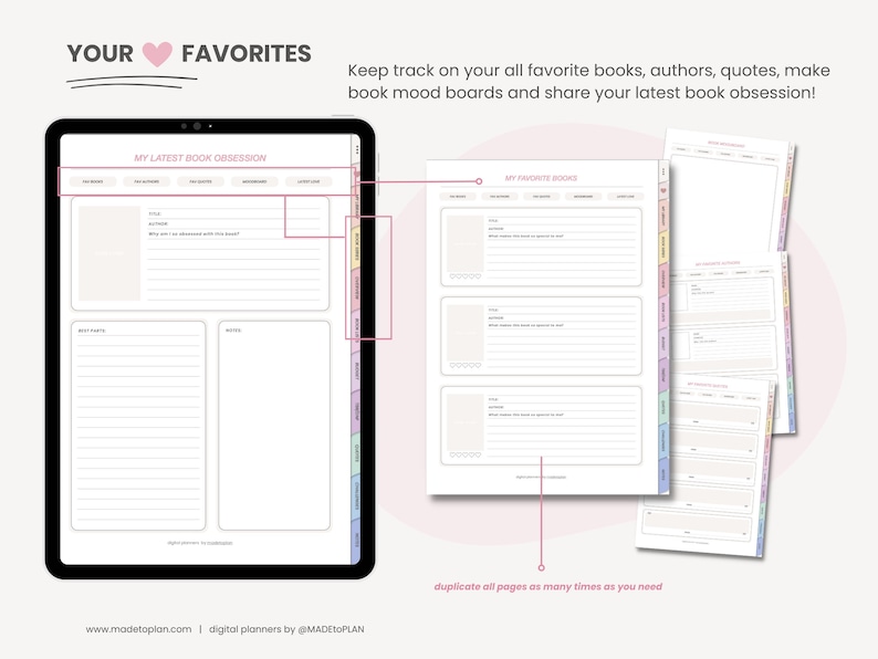 Pode incluir: Um modelo de planejador digital para acompanhar os livros, autores, cita&ccedil;&otilde;es e quadros de humor favoritos. O modelo tem se&ccedil;&otilde;es para "Minha &uacute;ltima obsess&atilde;o por livros" e "Meus livros favoritos".