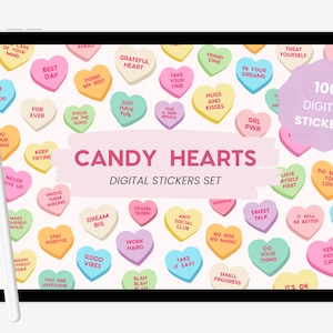 May include: A digital sticker set of 100 candy heart stickers with various motivational and inspirational messages. The stickers are in a variety of colors, including pink, yellow, blue, and green. The stickers are arranged in a grid pattern on a tablet screen.