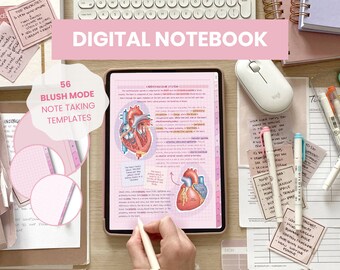 May include: A digital notebook with a pink and white grid pattern on the screen. The screen shows a diagram of the human heart. The notebook is surrounded by other stationery items, including pens, highlighters, and sticky notes. The text "56 BLUSH MODE NOTE TAKING TEMPLATES" is visible on the screen.
