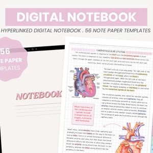 Puede incluir: Un cuaderno digital con 56 plantillas de papel para notas. El cuaderno está abierto en una página con un diagrama del sistema cardiovascular, incluyendo el corazón y los vasos sanguíneos. La página está etiquetada como "Sistema cardiovascular".