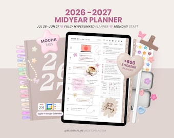 2026 2027 Mid Year Digital Planner, Portrait Dated Daily, Weekly, Monthly Digital Planner, iPad and Goodnotes Planner Journal MADEtoPLAN