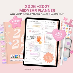 Könnte beinhalten: Ein digitaler 2026-2027 Midyear-Planer mit pfirsichfarbenen Reitern, ein Tablet mit Wochenplan, ein rosa Sternsymbol, ein Herzsymbol mit der Aufschrift +600 stickers included, ein Eingabestift und ein Bogen mit bunten Aufklebern mit verschiedenen Symbolen.