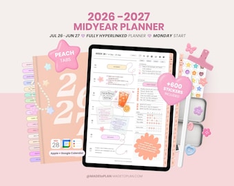 2026 2027 Mid Year Digital Planner, Portrait Dated Daily, Weekly, Monthly Digital Planner, iPad and Goodnotes Planner Journal MADEtoPLAN