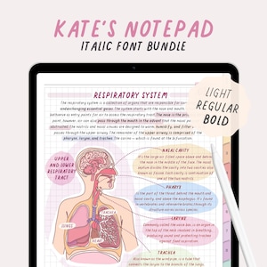 May include: A colorful illustration of the human respiratory system, showing the upper and lower respiratory tract, lungs, trachea, pharynx, larynx, and nasal cavity. The illustration is labeled with the names of each part of the system. The text "KATE'S NOTEPAD ITALIC FONT BUNDLE" is at the top of the image. The text "LIGHT REGULAR BOLD" is on the right side of the image.