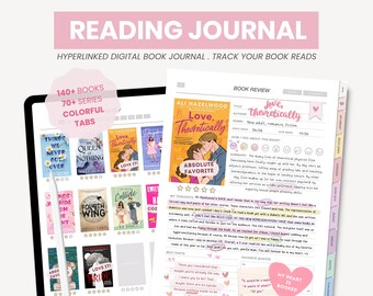 May include: A digital planner for tracking book reads with colorful tabs, a book review section, and a list of books with ratings. The planner features a pink and white color scheme with the text "Reading Journal" at the top.
