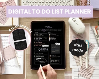 May include: A digital to-do list planner app on a tablet with a dark mode interface. The app has a calendar, to-do list, and notes section. The screen shows a handwritten note that says "appointment".