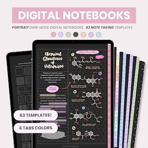 Puede incluir: Cuadernos digitales con 63 plantillas y 6 colores de pestañas. La imagen muestra una tableta que muestra un cuaderno en modo oscuro con el texto "Chemical Structures of Vitamins". El cuaderno tiene una pestaña rosa, morada y verde. La parte superior de la imagen dice "DIGITAL NOTEBOOKS".