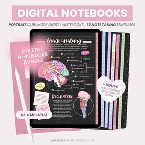 Puede incluir: Un paquete de cuadernos digitales con 63 plantillas para tomar notas. El paquete incluye un cuaderno digital en modo oscuro con una ilustración de la anatomía del cerebro y el texto "brain anatomy" y "brainstem". El paquete también incluye pegatinas pastel e iconos de acceso directo.