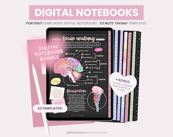 Può includere: Un pacchetto di quaderni digitali con 63 modelli per prendere appunti. Il pacchetto include un quaderno digitale in modalità oscura con un'illustrazione dell'anatomia del cervello e il testo "brain anatomy" e "brainstem". Il pacchetto include anche adesivi pastello e icone di scelta rapida.